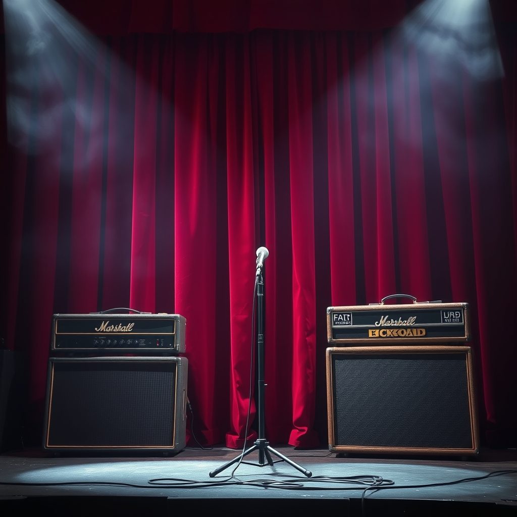 Stage lit for a touring music performance, microphone and amplifiers in place