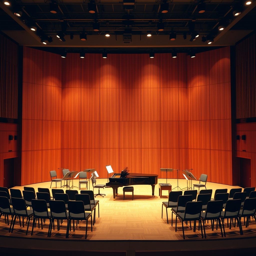 Concert hall set for a chamber orchestra performance with grand piano centre stage