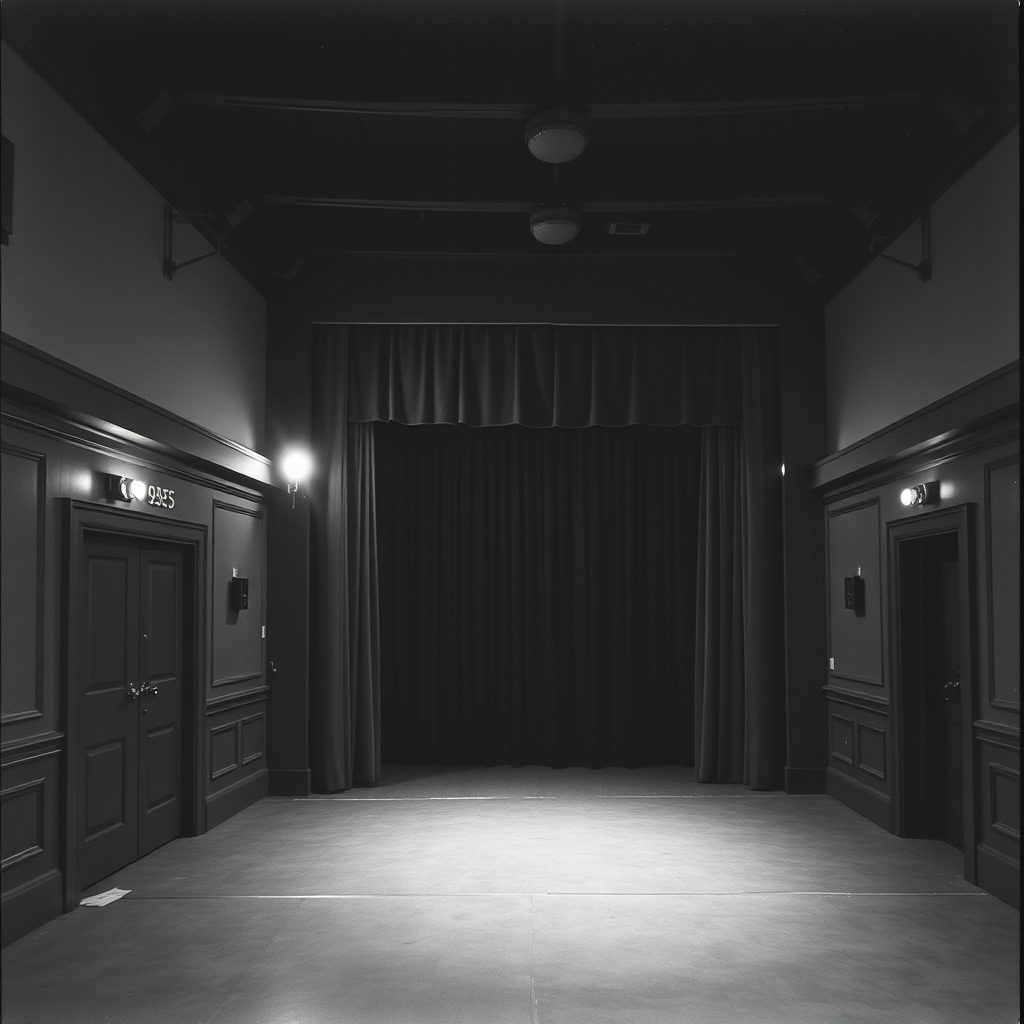 Black and white archive photograph of a small theatre stage with closed curtains