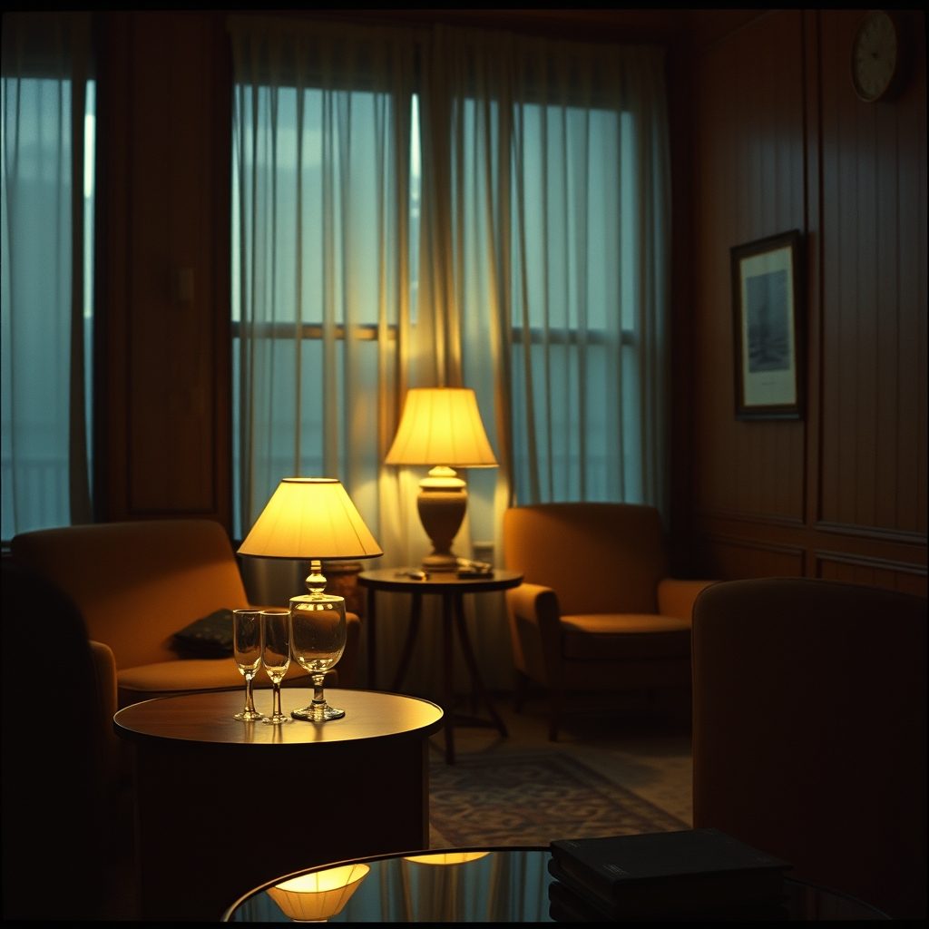 Vintage 1960s lounge interior set with warm lamp light