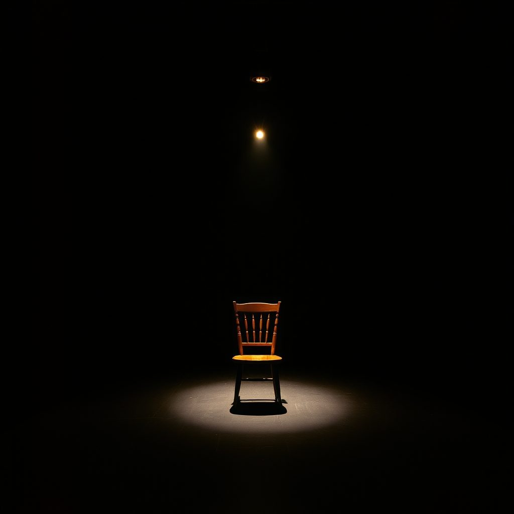 Empty studio black-box stage with single spotlight on a wooden chair
