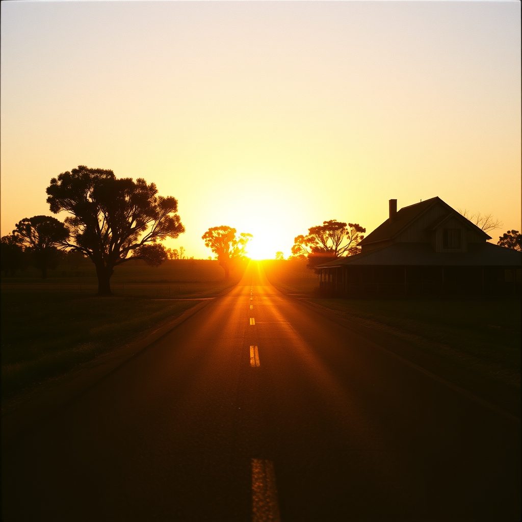 Australian rural sunset with country road and farmhouse silhouette